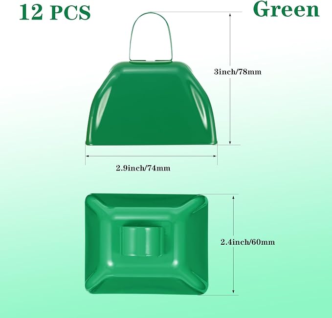 3Inch Cowbells for Sporting Events,12Pcs Metal Cow Bells Bulk Loud Noise Makers Cow Bell with Handle for Cheering Football Games Spirit Marathon Weddings Party Noisemakers, Green