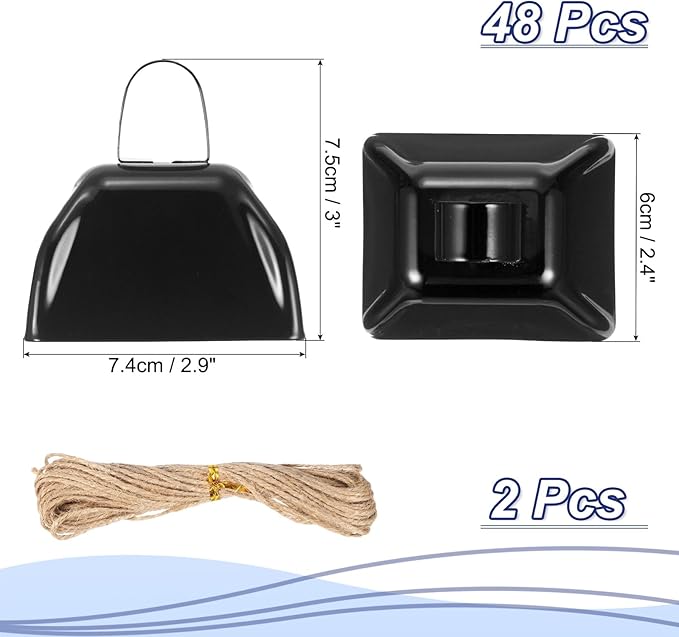 PATIKIL 48pcs Cow Bells for Football Games, 3 Inch Cowbells for Sporting Events Bulk Loud Noise Makers Metal Cow Bell with Rope for Cheering Wedding, Black