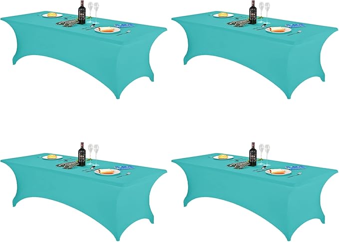 FORLIFE 4Pack Spandex Table Covers，Fitted Tablecloth for Rectangular Tables, Stretch Patio Table Covers, Universal Spandex Table Cover for Wedding, Banquet, Party (8ft, Turquoise)