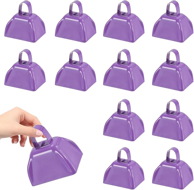 3Inch Cowbells for Sporting Events,12Pcs Metal Cow Bells Bulk Loud Noise Makers Cow Bell with Handle for Cheering Football Games Spirit Marathon Weddings Party Noisemakers, Light Purple