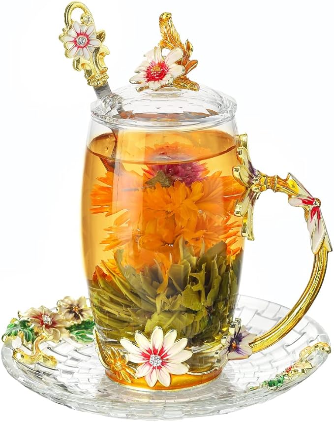 Glass Coffee Mug Christmas Gift Sunflower Daisy Tea Cup with Lid Saucer Mother's Day Birthday Gift for Women Unique(12oz Daisy)