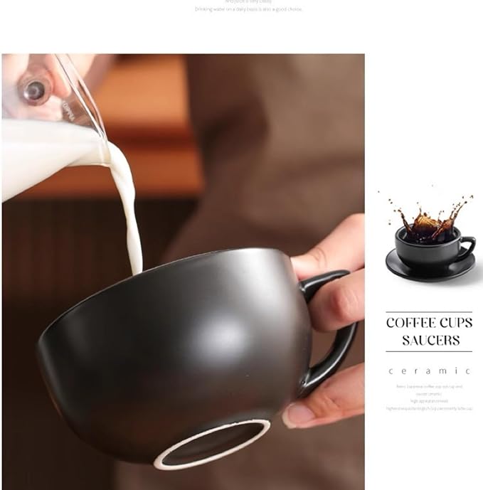 Ceramic Latte Mug, 10.82oz Barista Cup with Saucer, 7mm Thickened Rim Ceramic Cappuccino Cup, Vintage Latte Art Mug for Home & Café (Quiet Black)