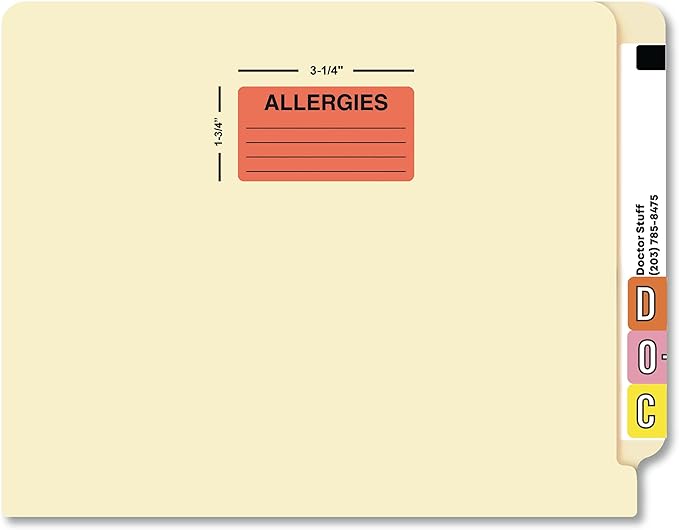 Allergies Chart Label 3-1/4” x 1-3/4” Red Fluorescent Doctor Stuff Medical Alert Sticker with 4 Lines for Multi-Allergen Notes Permanent Adhesive 500 Stickers/Box