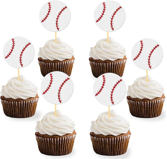 24pc Glitter Baseball Cupcake Toppers - Baseball Party Decorations, Player Toppers - Baby Shower Theme