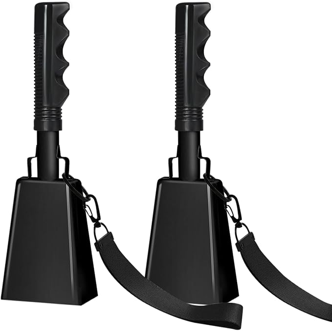 10Inch Cowbells with Handle for Sporting Events, 2Pcs Large Cow Bells with Wrist Straps, Loud Noise Makers for Cheering Football Games Spirit Marathon Weddings Party Noisemakers, Black