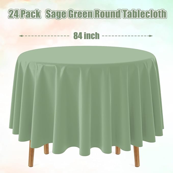 24pcs Sage Green Plastic Tablecloths Round Light Green Tablecloth Waterproof Disposable Round Sage Table Cover for Birthday Bridal Wedding Baby Shower Party Decorations,84Inch