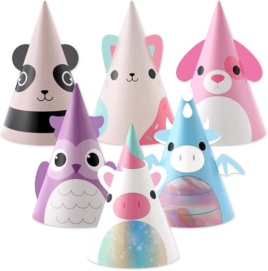 24 Pcs Cute Animal Party Hats Animal Theme Birthday Party Supplies Kawaii Cartoon Animals Cone Paper Crowns with Elastic String for Boy Girl Adults Birthday Baby Shower Cartoon Decorations Photo Props