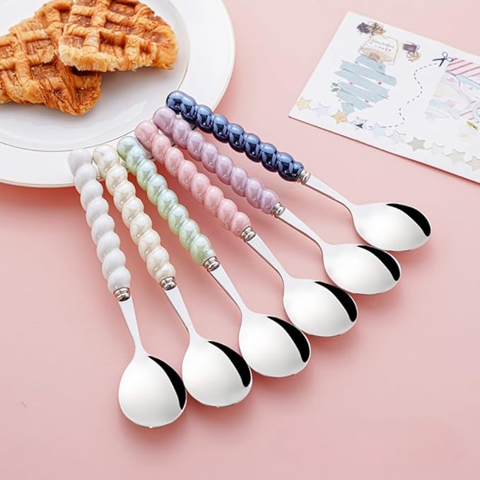 (6 Pieces) 7.48 Inch Exquisite Ceramic Spoon Household Stainless Steel Eating and Drinking Soup Spoon Coffee Spoon Tea Spoon (White)