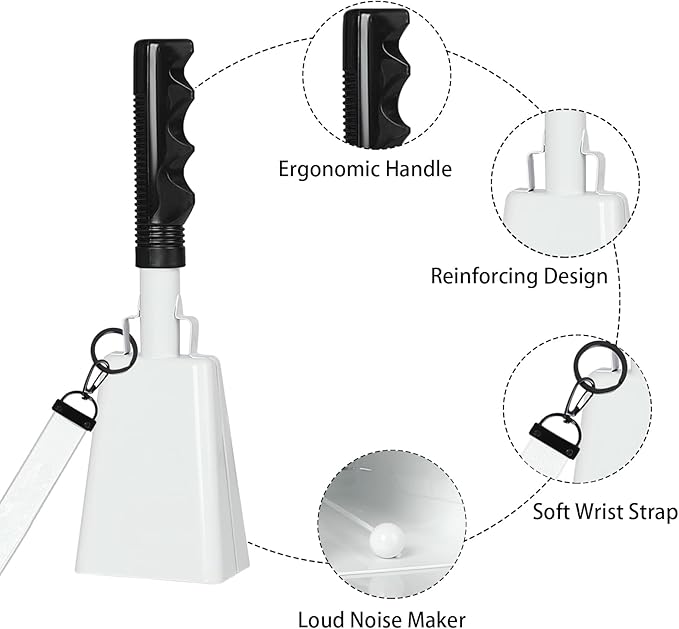 10Inch Cowbells with Handle for Sporting Events, 2Pcs Large Cow Bells with Wrist Straps, Loud Noise Makers for Cheering Football Games Spirit Marathon Weddings Party Noisemakers, White