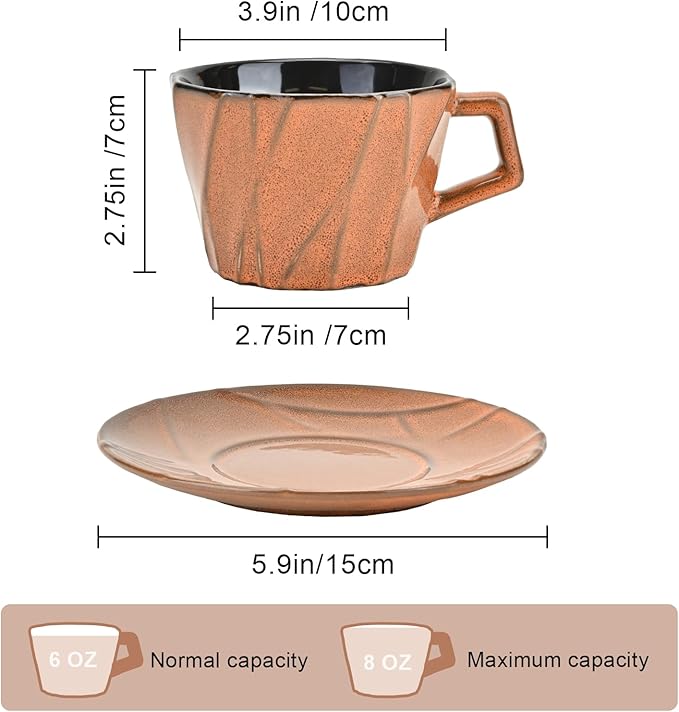 Ceramic Espresso Cups with Saucers 6 oz,Coffe Cups for Cappuccino,Latte,Tea with Saucers Set of 4 - Geometry - Brown