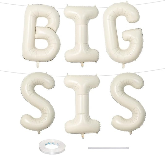 40 Inch Cream BIG SIS Balloons, Large Beige Neutral Big Sis Balloon Letters Sign with Ribbon, Ivory White Sand Baby Girls Balloon for Her Birthday Baby Shower Gender Reveal Party Decoration Supplies