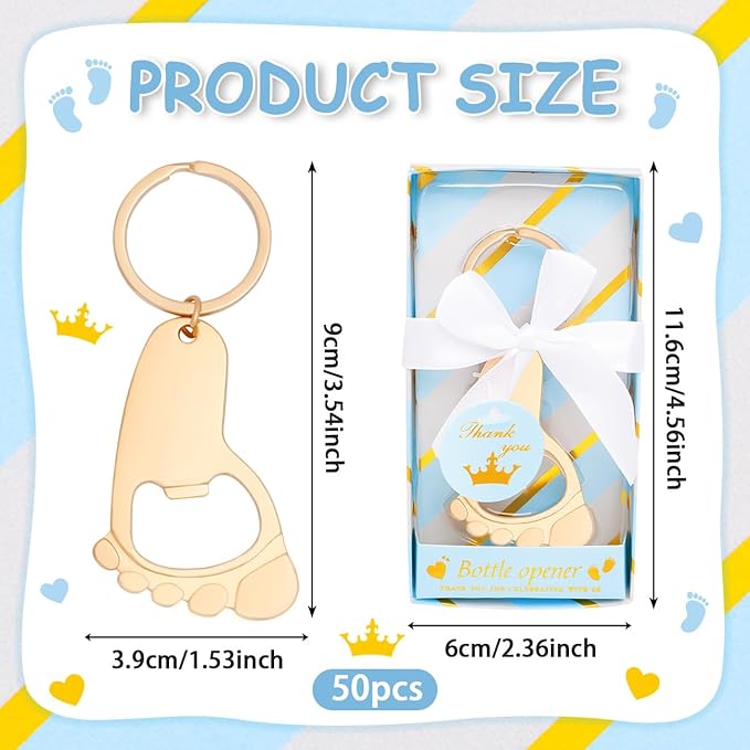 50Pcs Baby Boy Foot Keychain Footprint Bottle Openers Footprint Keychain Bottle Opener Small Foot Bottle Opener Keychain Baby Shower Return Gift for Party Favors with Blue Boxes