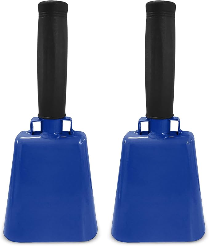 Deke Home - 2 Pack 7 Inch Steel Cowbells with Handle, Loud Noise Makers for Football, Sports, Parties, Competitions, School Spirit & Safety, Large Hand Bell for Cheering & Percussion Instrument