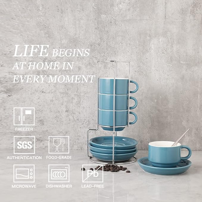 Sweejar Porcelain Espresso Cups with Saucers, 4 Ounce Stackable Cappuccino Cups with Metal Stand for Coffee Drinks, Latte, Tea - Set of 4 (Fog blue)