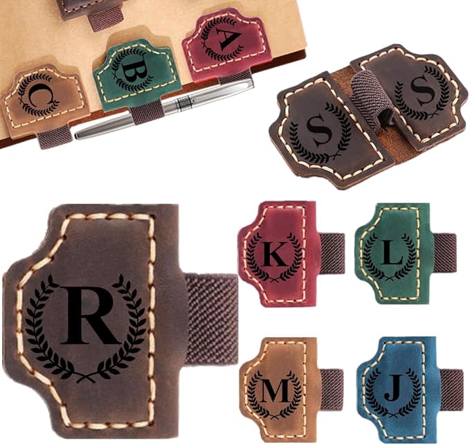 Custom Bookmark with Pen Holder with 26 Letters Personalized Magnetic Leather Book Mark, Customized Name Book Marker Clip with Initial for Men Women, Gifts for Book Lovers, Readers, (Coffee, R)