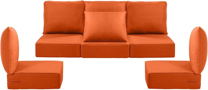 Luxury 24x24x6 Outdoor Cushions for 5-Seat Sectional Sofa Set of 5 - Water-Repellent 11-Piece Patio Cushion Set for Outside Rattan Wicker Loveseat Chair L-Shape Couch - Orange/Classic