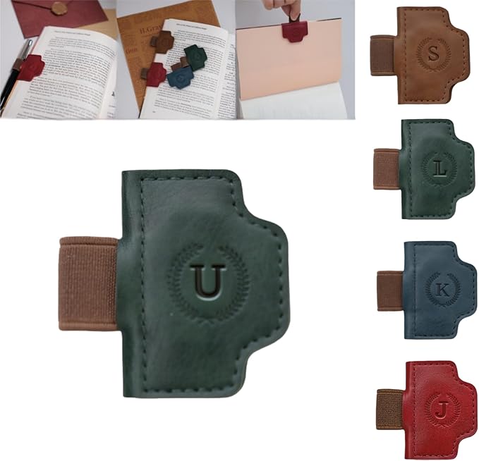 Personalized Magnetic Bygone Mark Bookmark with Pen Holder, 26 Letters Name Initial Custom Leather Book Mark for Women, Gifts for Book Lovers and Readers (Green,U)