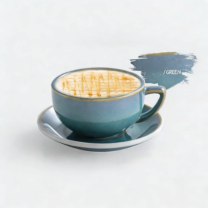 Ceramic Latte Mug, 10.82oz Barista Cup with Saucer, 7mm Thickened Rim Ceramic Cappuccino Cup, Vintage Latte Art Mug for Home & Café (Kiln Transmutation Cyan)