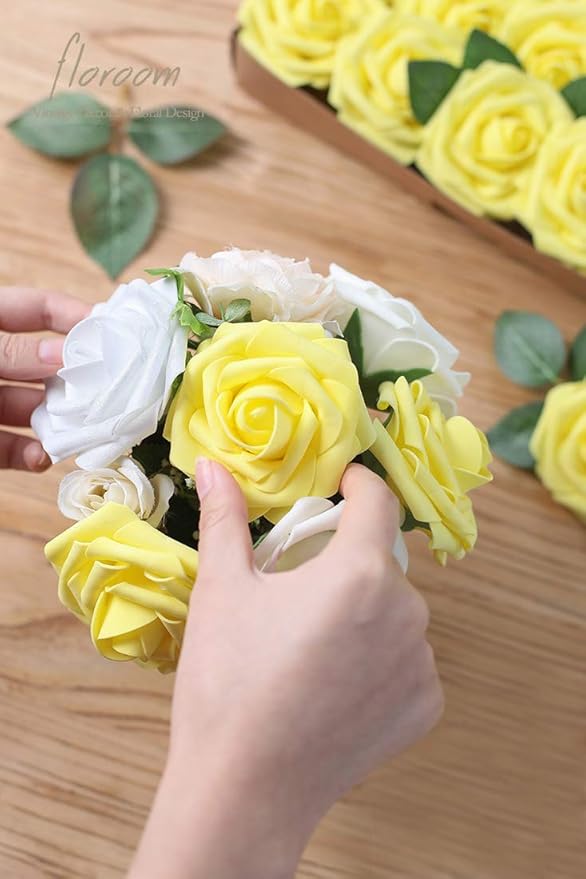Floroom Artificial Flowers 50pcs Real Looking Canary Yellow Foam Fake Roses with Stems for DIY Wedding Bouquets Bridal Shower Centerpieces Floral Arrangements Party Tables Home Decorations