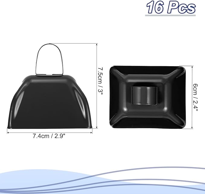 PATIKIL 16pcs Cow Bells for Football Games, 3inch Cowbells for Sporting Events Bulk Loud Noise Makers Metal Cow Bell with Handle for Cheering Competition Marathon Wedding, Black