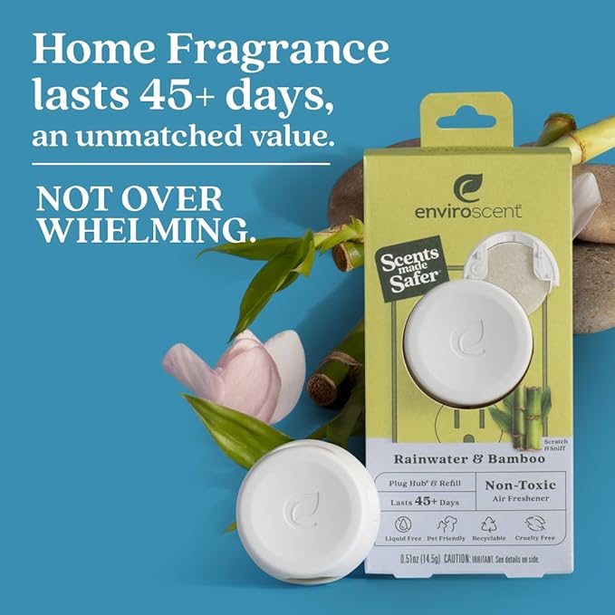 Enviroscent Non Toxic Air Freshener Plug-in Home Fragrance Last 45+ Days | Kit includes 1 Refillable Plug In Warmer & 1 Scent Refill (Rainwater & Bamboo)