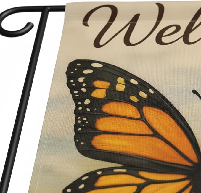 FLAGMEUP8386 Welcome Monarch Butterfly Garden Flag 12x18 Inch Double-Sided Polyester Yard Banner with Bright Wings, Outdoor Decorative Flag for Garden, Patio, Porch, Families, Seasonal Celebrations