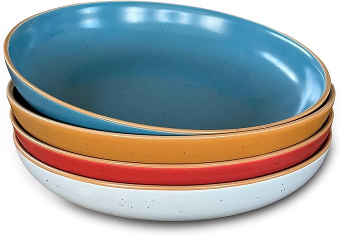 Mora Ceramic Artisan Matte Large Pasta Bowls 30oz, Set of 4 - Serving, Salad, Dinner, etc Kitchen Plate/Wide Bowl - Microwave, Oven, Dishwasher Safe - Modern Porcelain Stoneware Dishes, Marina Colors