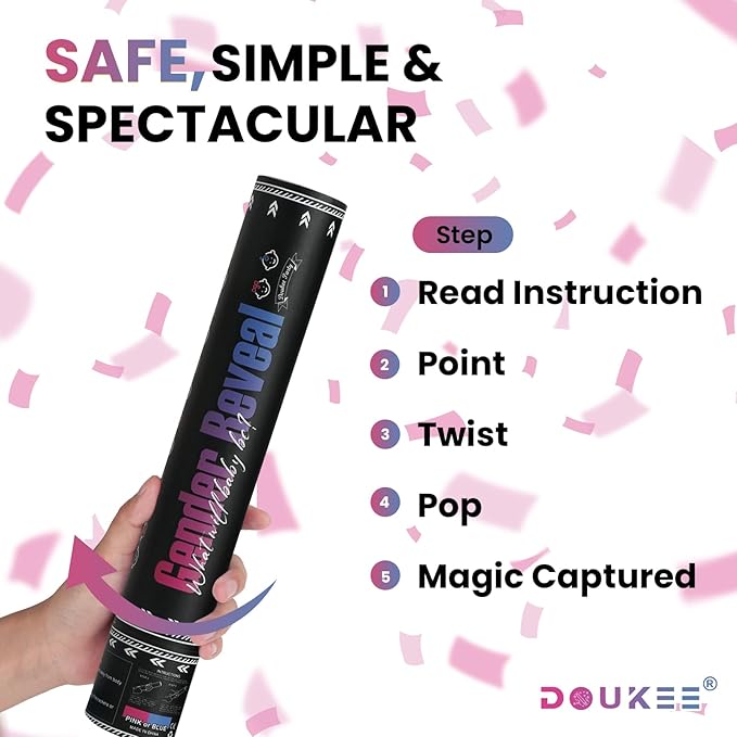 Gender Reveal Pink Confetti Cannon, DOUKEE Baby Shower Pink only Biodegradable Confetti Poppers for Girl Baby Reveal Party - 2 Set