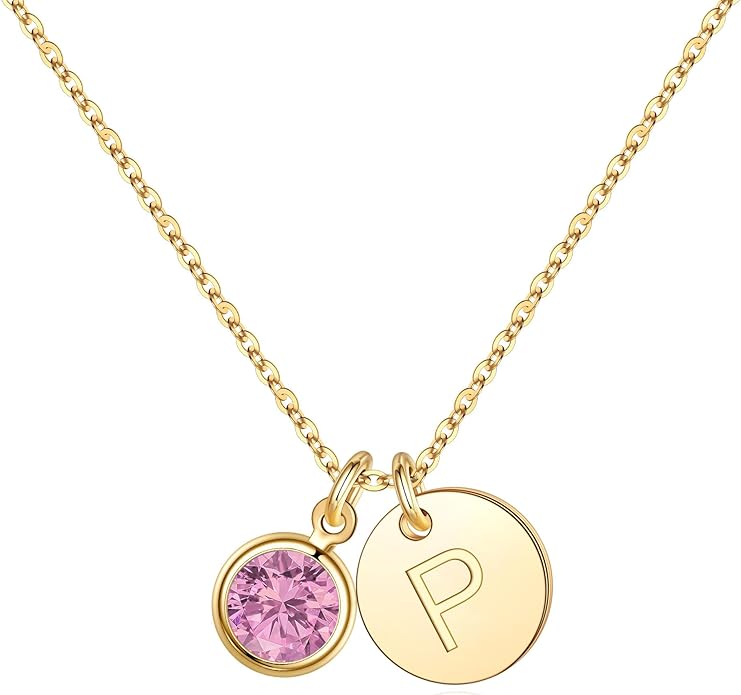 Hidepoo Initial Birthstone Necklace for Girl Women - 14K Gold Plated Disc Letter Necklace Personalized Gifts Jewelry Birthstone Initial Necklaces Birthday Gift for Female Teens Mom