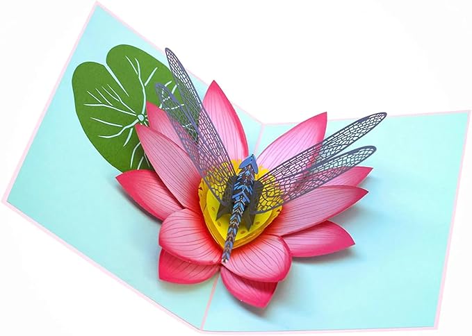 PopLife® Blue Dragonfly and Lotus 3D Pop Up Card - Mother's Day, Valentine's Day, Birthday, Thank you, Get Well, Anniversary - for Friends, Sister, Wife, Grandma, Daughter, Girlfriend