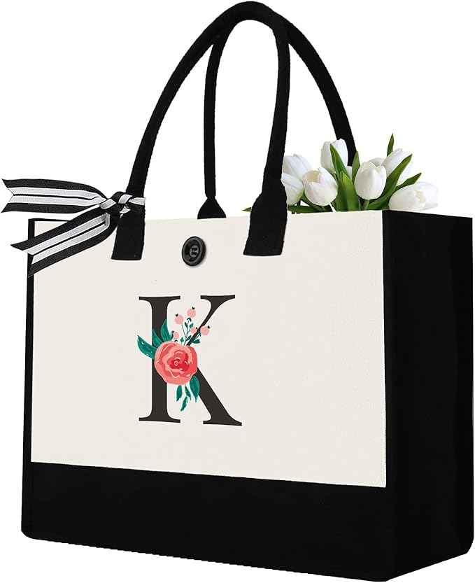 Initial Canvas Tote Bag, Personalized Birthday Gifts for Women Mom Friends Teachers, Monogrammed Tote Bags Suitable for Mother's Day Wedding Beach