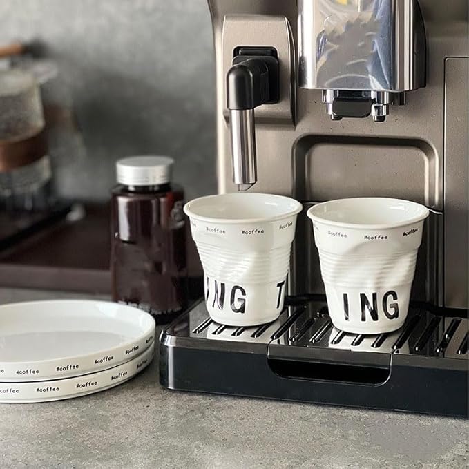 Unique Ceramic Mug with Crumpled Paper Cup Design，Printed Letters Artistic Irregular Shape, Perfect for Coffee, Tea, and Hot Beverages，Ideal for Home, Office (White & Letters, Small)