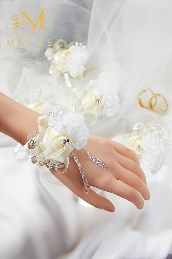 Meldel Beige Wrist Corsage for Prom, 2pcs Champagne Rose Flower Corsages for Bridal Bridesmaid Girl Women, Wrist Flower Set for Wedding Mother of Bride, Hand Flower for Homecoming Anniversary Party