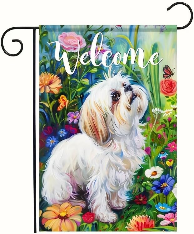 HOMETITUTE Shih Tzu Garden Flag 12x18 Double Sided Welcome Yard Flag Outdoor Farmhouse Decor Colorful Floral Butterfly Puppy for Front Porch Patio Lawn Pathway Spring Summer Home Decoration