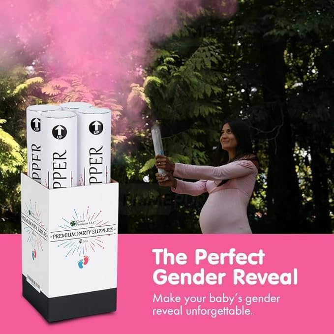 Clover Products Premium Gender Reveal Powder Cannon – 4 Pack Includes 2 Pink & 2 Blue | 12 Inch Gender Reveal Poppers | Compressed Air Powered | Each Box Contains a FREE “It’s a Girl & Boy“ Balloon..