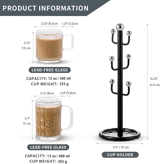 6 High-End Glass Coffee Mugs with Handles and Cup Holders, 12 Ounce Classic Vertical Striped Glass Mugs for Hot and Cold Drinks, American Style, Latte, Cappuccino