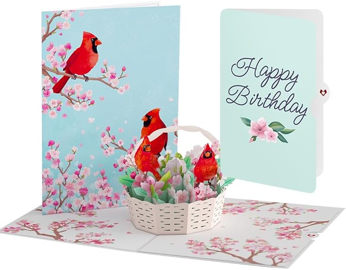 Lovepop Birthday 3D Pop-Up Card with Slide-out Note & Premium Envelope - Cherry Blossom Basket with Cardinals