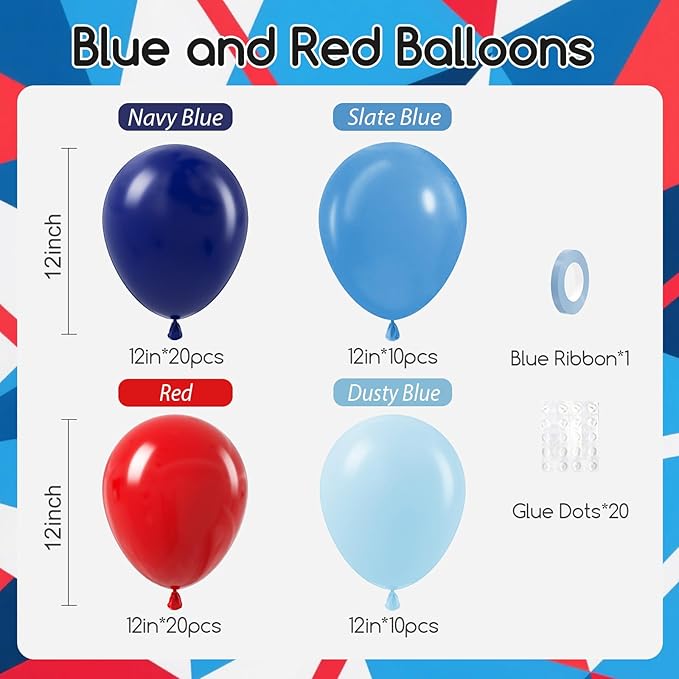 60pcs Red and Blue Balloons 12inch with Navy Slate Dusty Blue Red Balloons for Baby Shower Birthday Party Decorations