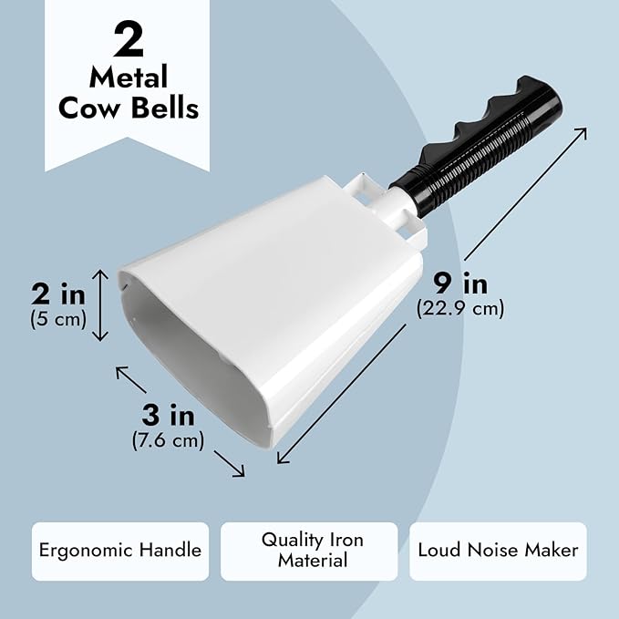 2 Pack 9-inch Cowbells for Sporting Events, Percussion Noise Makers with Handle for Football Games, Stadiums (White)
