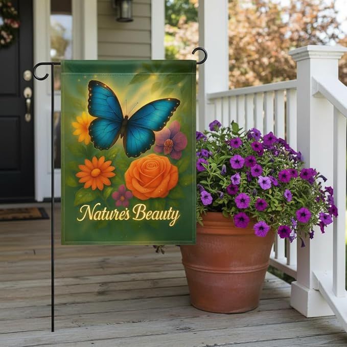 FLAGMEUP8386 Welcome Butterfly Garden Flag 12x18 Inch Double-Sided Polyester Yard Banner with Blue Morpho Autumn Flowers, Fall Flag for Thanksgiving Harvest Outdoor Decor, Porch, Lawn