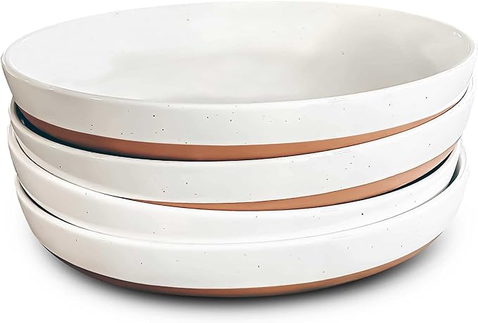 MORA Ceramic Flat Pasta Bowl Set of 4-35oz, Microwave Safe Plate with High Edge - Modern Porcelain Dinnerware for Kitchen and Eating, Large Wide Bowls/Plates for Serving Dinner, Salad, etc- Vanilla