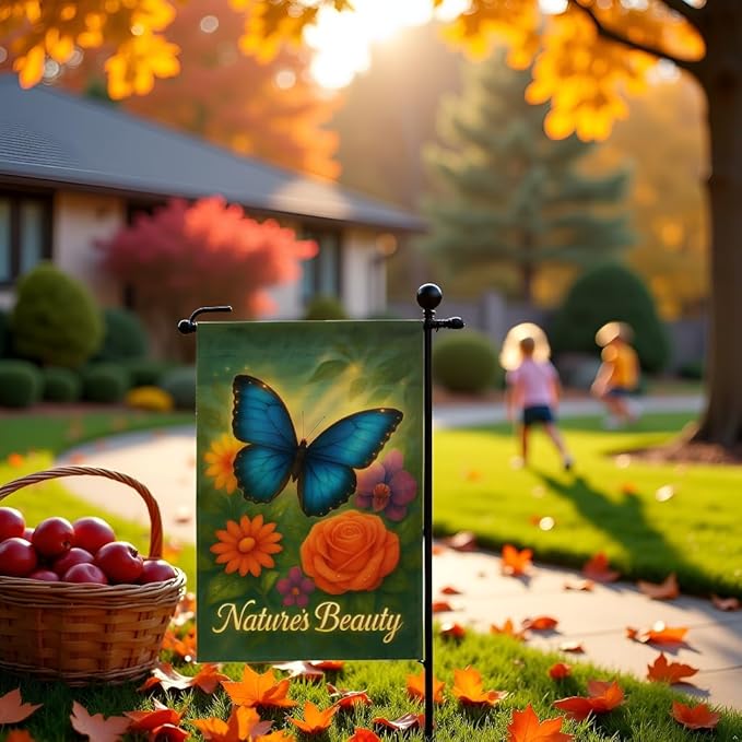 FLAGMEUP8386 Welcome Butterfly Garden Flag 12x18 Inch Double-Sided Polyester Yard Banner with Blue Morpho Autumn Flowers, Fall Flag for Thanksgiving Harvest Outdoor Decor, Porch, Lawn