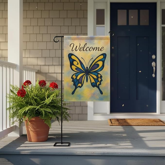 FLAGMEUP8386 Welcome Butterfly Garden Flag 12x18 Inch Double-Sided Polyester Yard Banner with Swallowtail Artistic Blue & Yellow Design, Outdoor Décor for Fall Gardens Seasonal Greetings