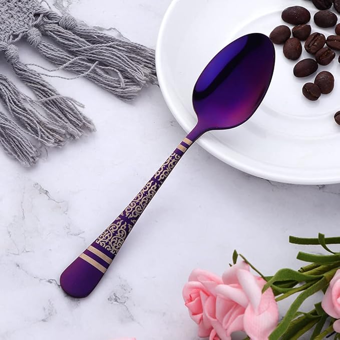 Purple Unique Pattern Design Coffee Espresso Spoons Mini, Mingcheng Stainless Steel Small Teaspoons Silverware Set of 6, BISDARUN 5.5 Inches Food Spoons for Demitasse Dessert Tea