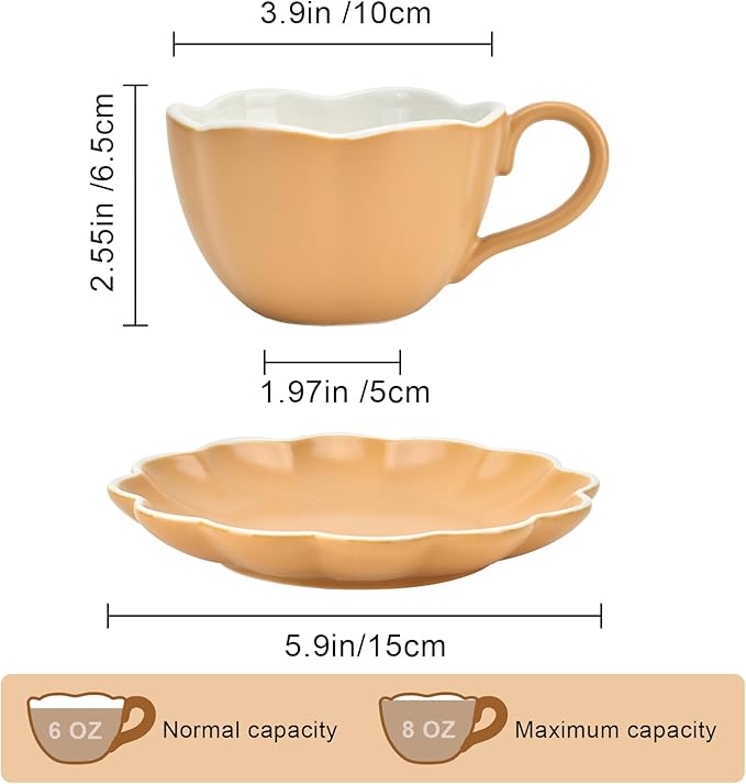 Ceramic Espresso Cups with Saucers 6 oz,Coffe Cups for Cappuccino,Latte,Tea with Saucers Set of 2 - Flower - Caramel Brown
