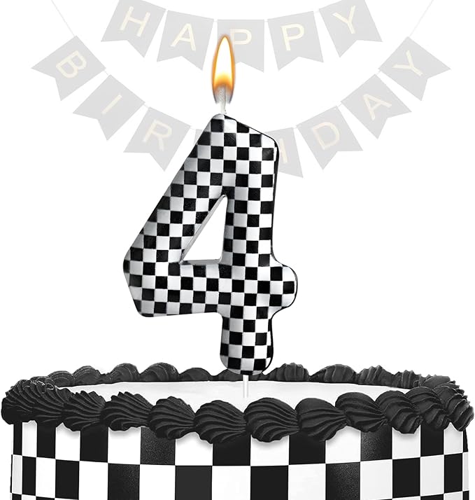Racing Cars Themed Birthday Candle Number 4 Checkered Candle Birthday Party Decoration Cake Topper for Racing Car Party Decoration Theme Party Supplies (Number 4)