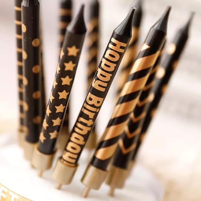 12 Pcs Black & Gold Birthday Candles – 2-Pack Short Elegant Cake Candles for Birthday Parties, Cake Decorations & Special Occasions