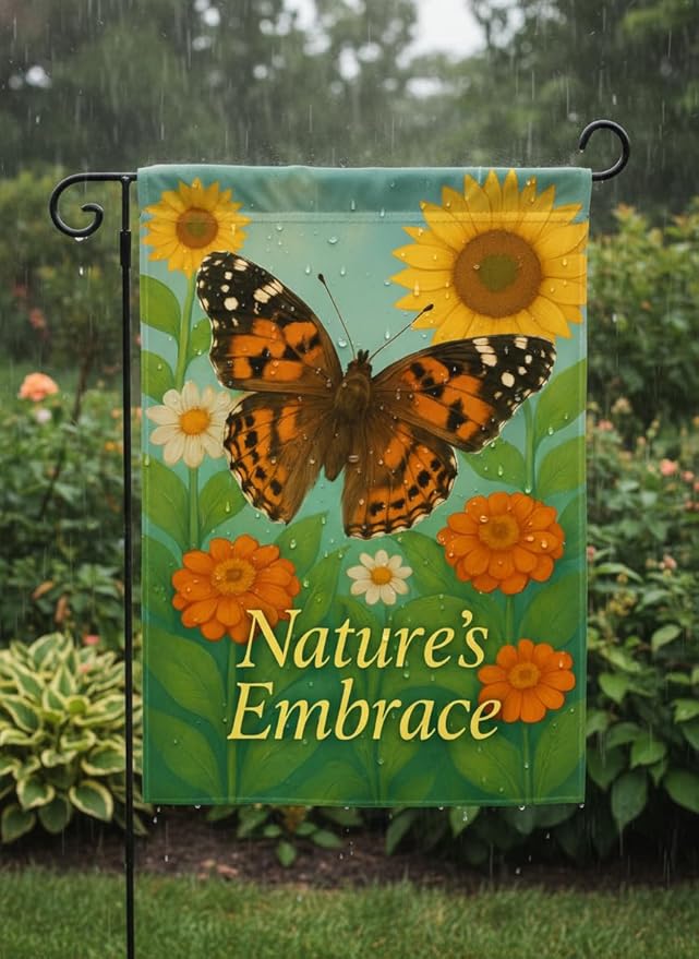 FLAGMEUP8386 Welcome Butterfly Garden Flag 12x18 Inch Double-Sided Polyester Fall Flag with Monarch and Painted Lady, Sunflowers and Orange Blooms, “Nature’s Embrace Quote Outdoor Decoration