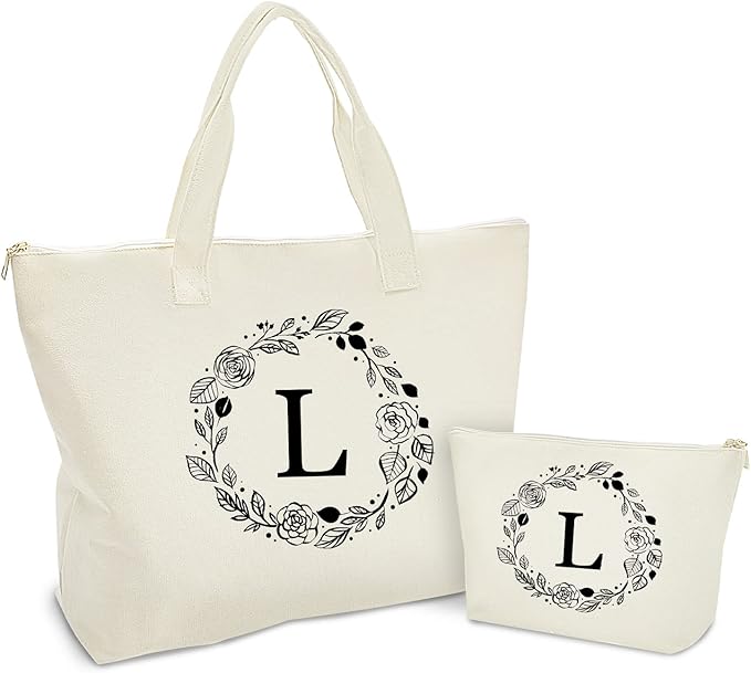 Personalized Initial Canvas Tote Bag with Zipper, Present Bag with Inner Pocket & Make Up Bag, Great Gifts for Women, Mom, Teachers, Friends, Bridesmaids