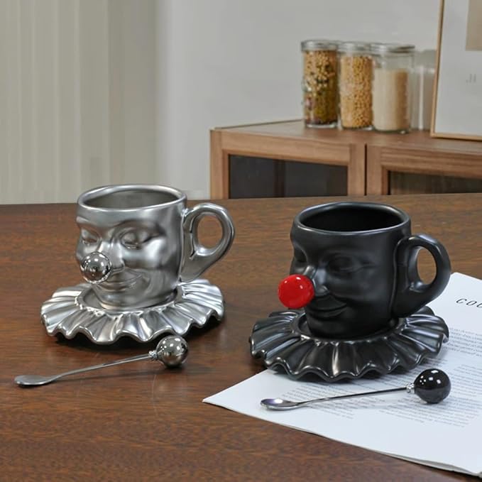 Tea Cups and Saucers, Ceramic Coffee Cup Set 8.5oz, Porcelain Tea Set Face artistic clown cup Design for Lover Gift & Home Decor-Black